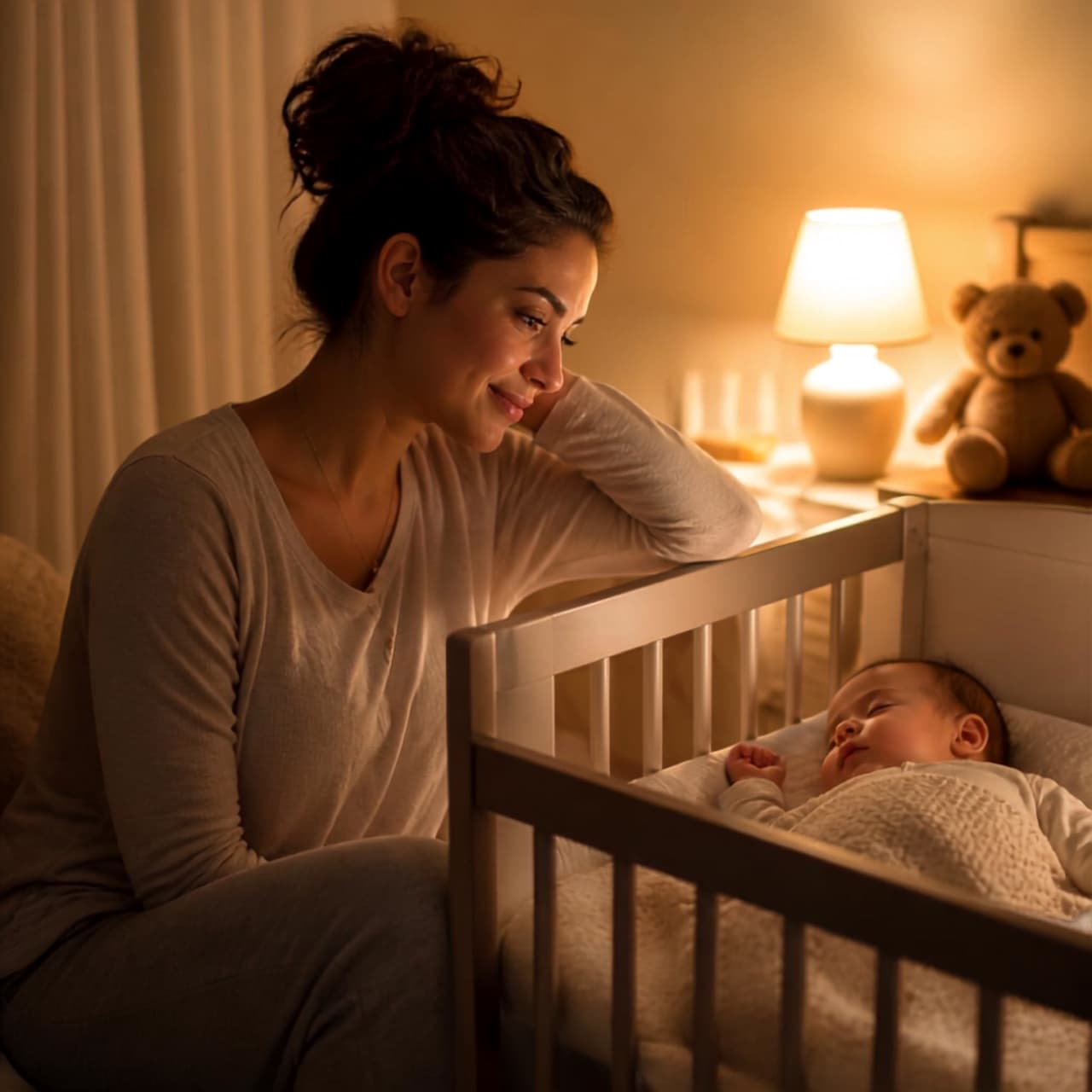 Mãe sentada ao lado do berço, olhando o bebê dormir na luz do abajur